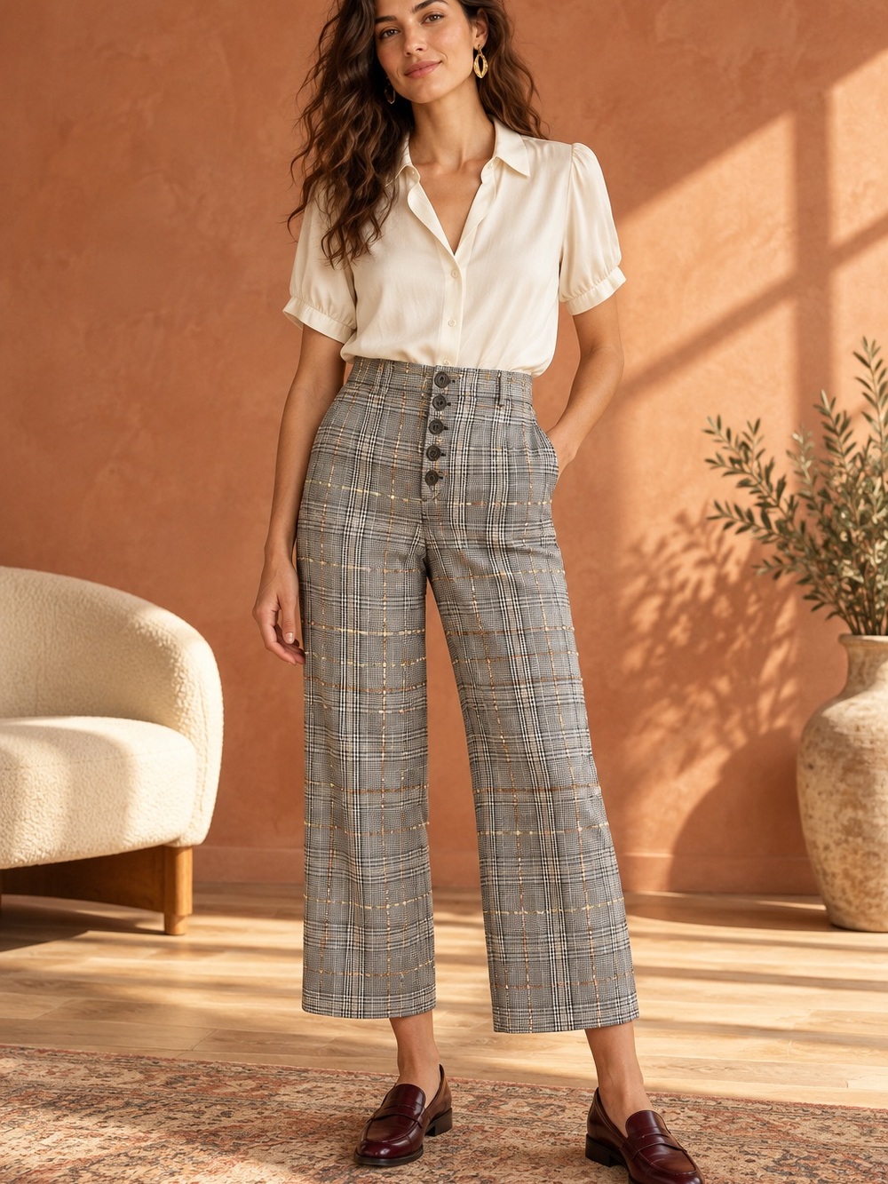 MYSTREE Plaid Button Fly High Rise Cropped Wide Leg Pants Size Small